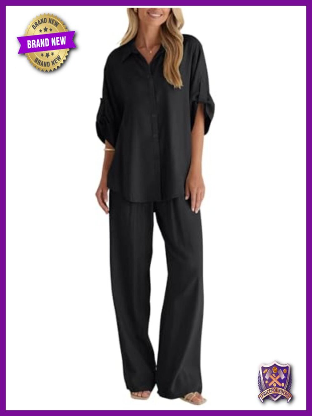 Women's 2 Piece Cotton Button Up Suit and Wide Leg Pant Set Business Casual